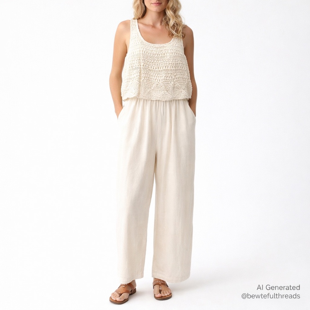 Boho Coastal Crochet Jumpsuit Ivory Wide Leg Resort Minimalist Chic M